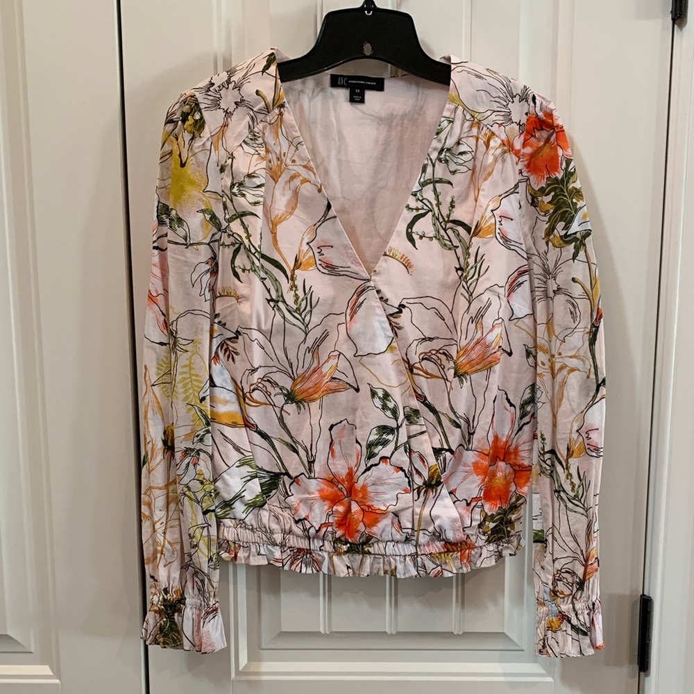 INC International Concepts Floral Wrap Blouse in Pink, Orange and Green